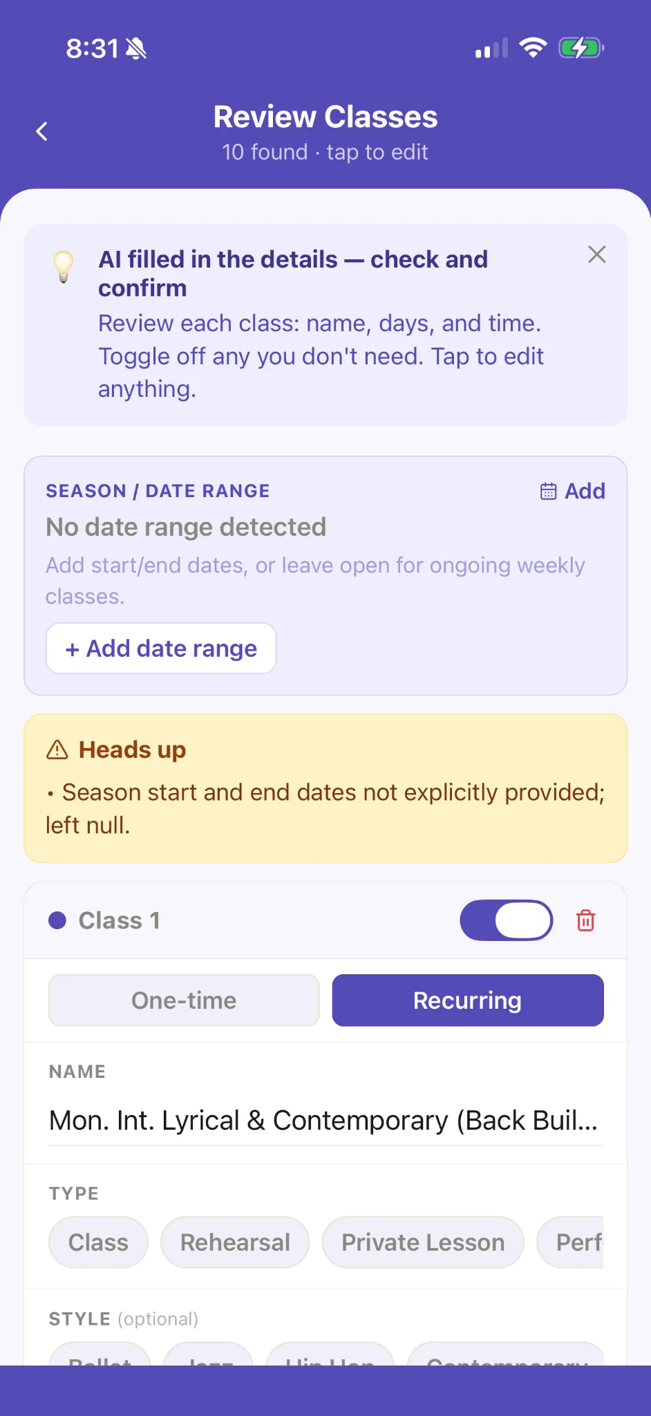 Ovation Review Classes screen showing 10 detected classes ready for review.