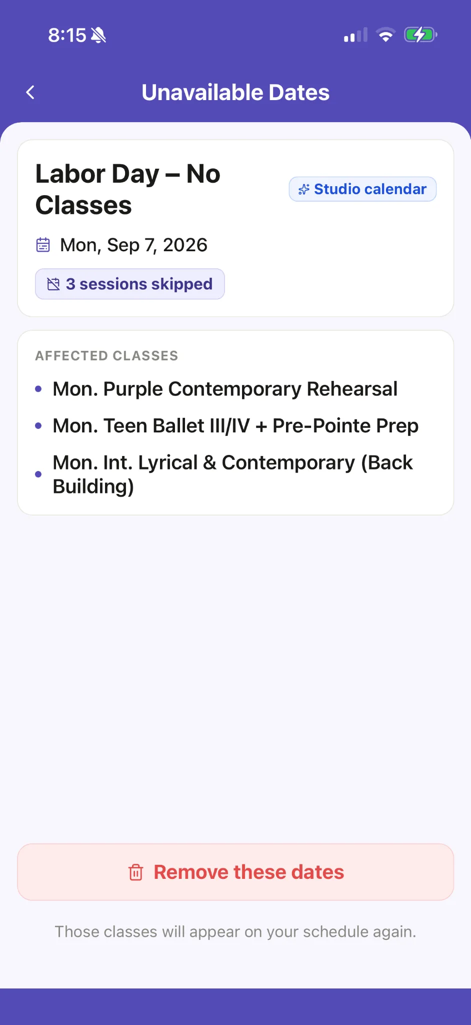 Ovation showing a Labor Day studio closure and the three affected Monday classes.