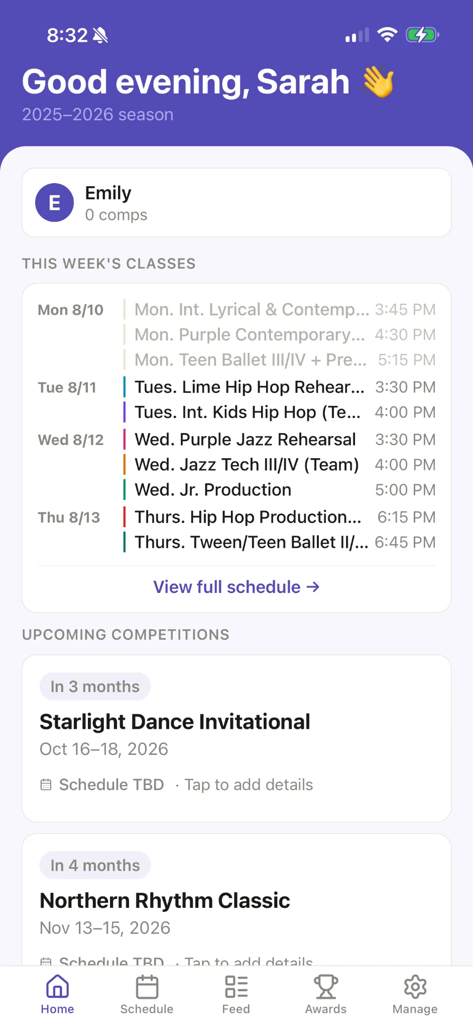 Ovation home screen for Emily showing her imported weekly dance classes and upcoming competitions.