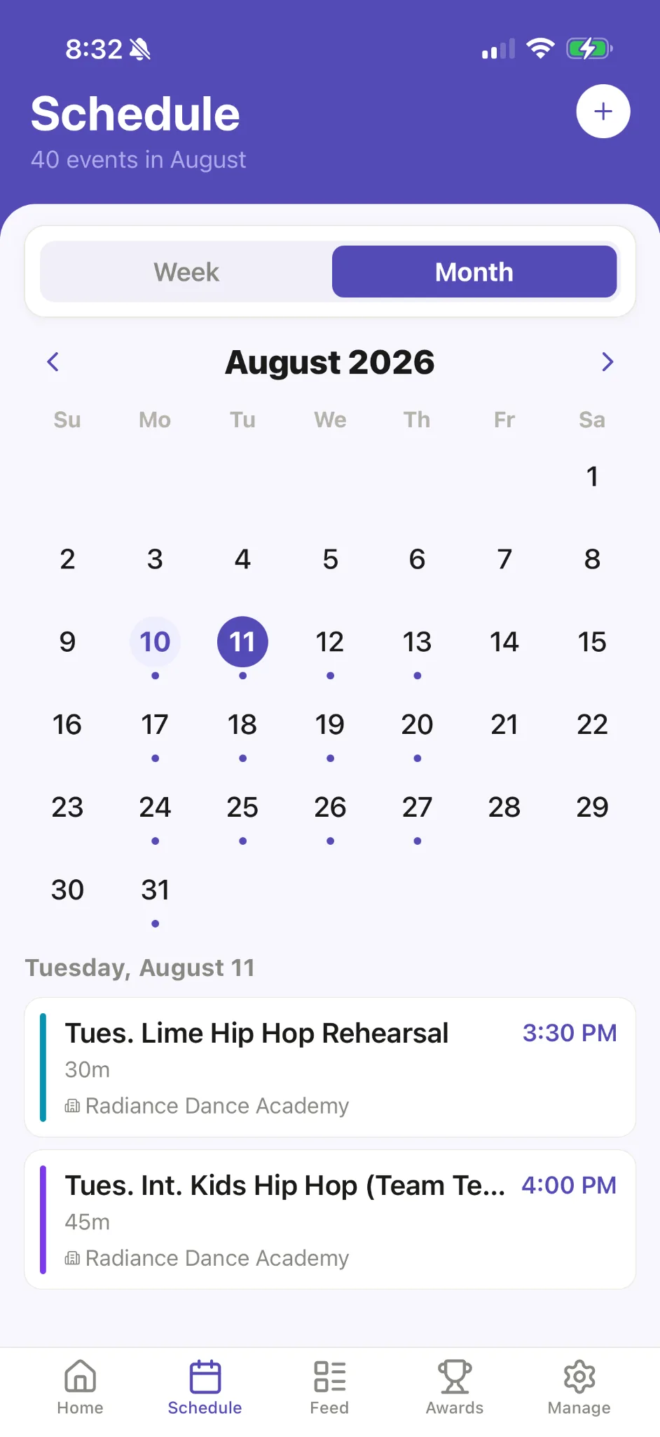 Ovation month schedule for August 2026 showing Emily’s imported dance classes.