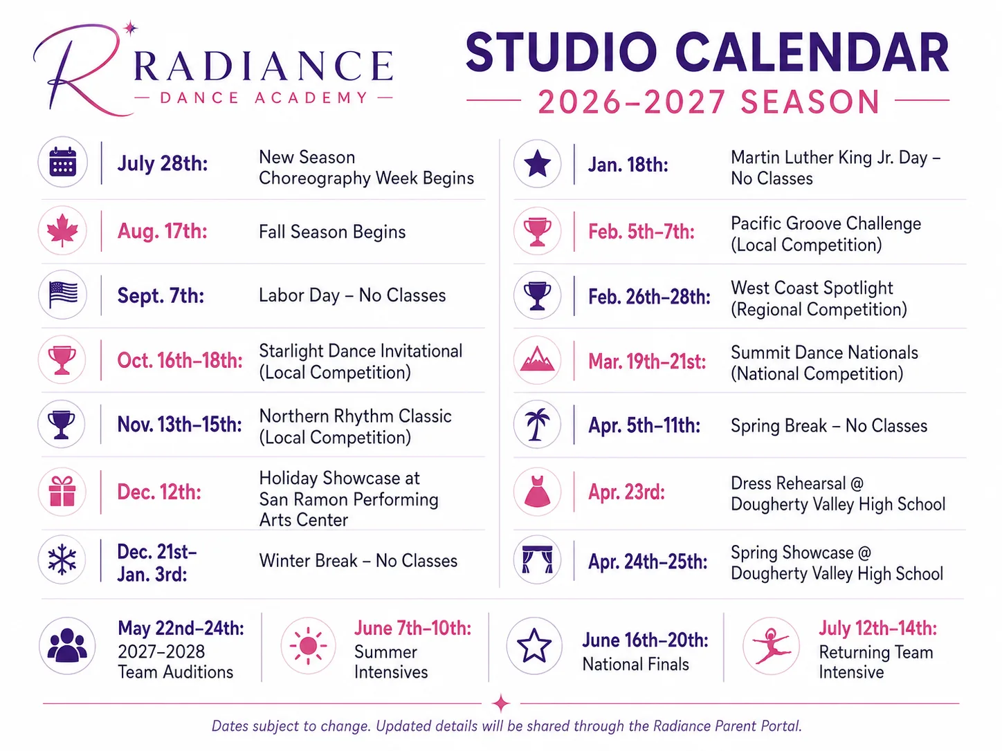 Fictional Radiance Dance Academy 2026–2027 studio calendar with breaks, showcases, competitions, auditions, and intensives.