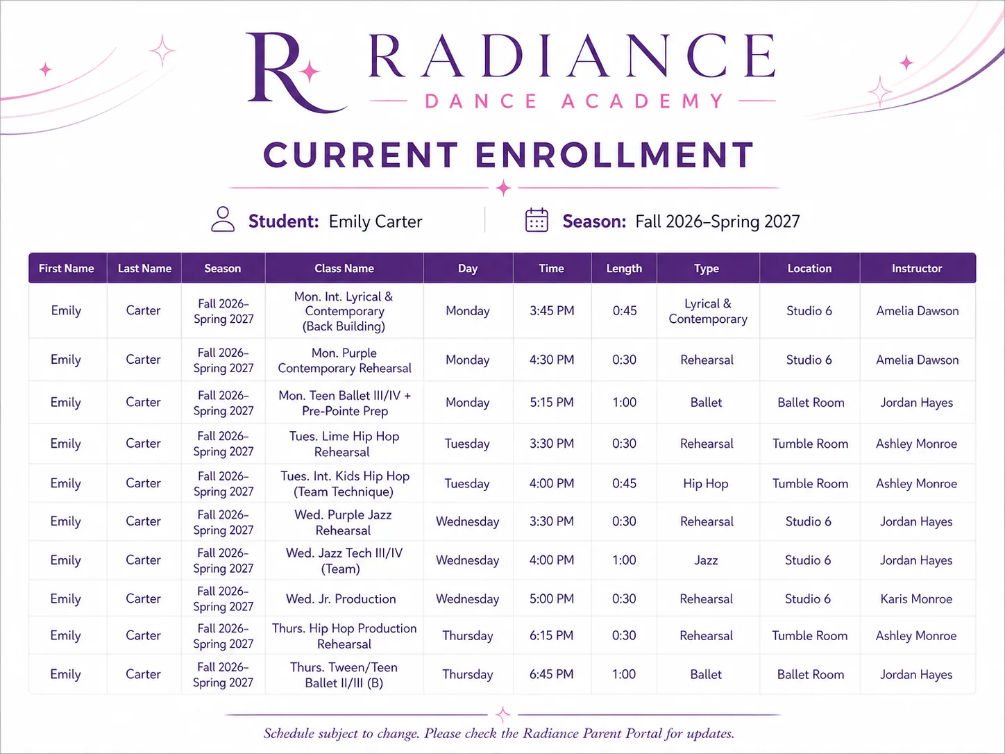 Fictional Radiance Dance Academy current enrollment schedule for Emily Carter.