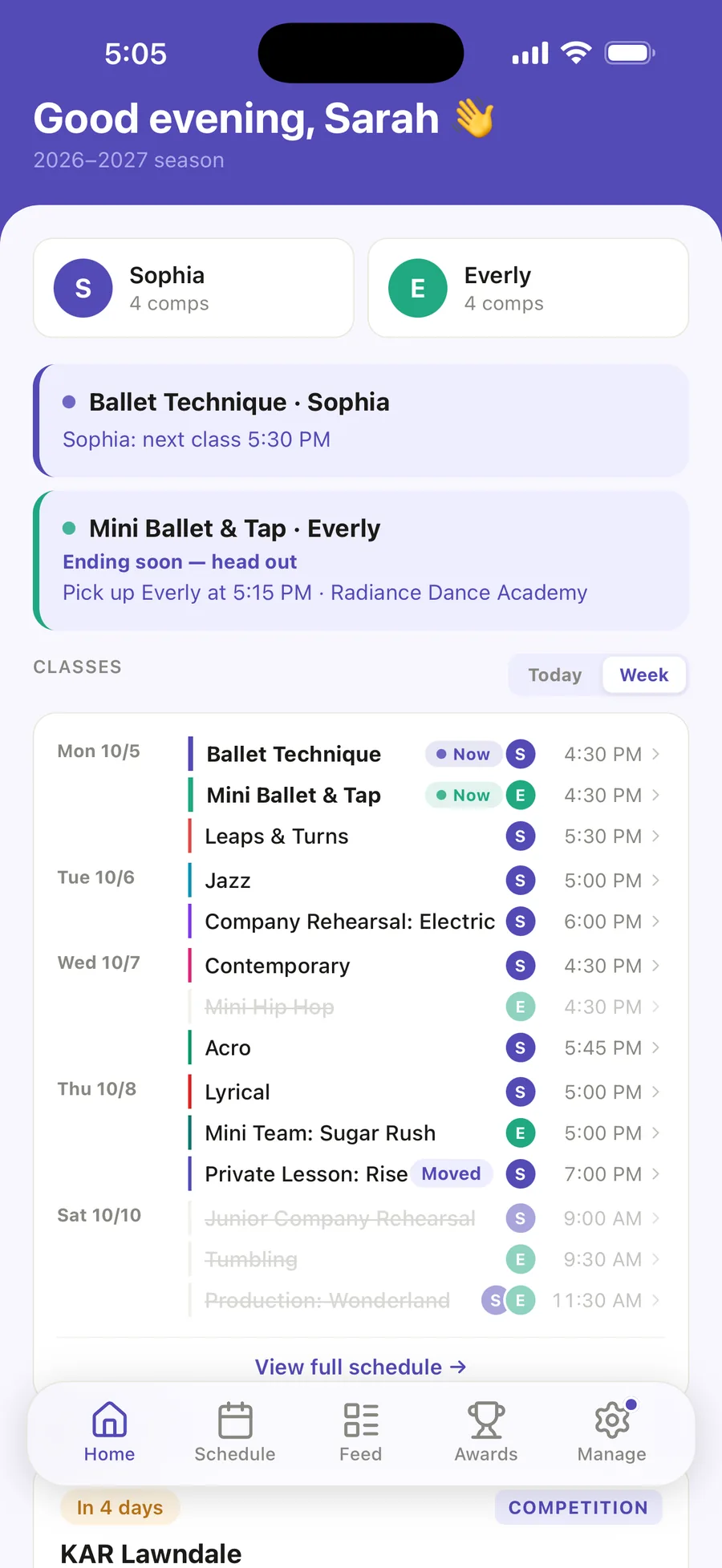Ovation Home for Sophia and Everly: Sophia’s next class at 5:30 PM, Everly’s pickup at 5:15 PM, and the whole week of classes for both girls, with Saturday’s three classes struck through for the KAR Lawndale weekend.