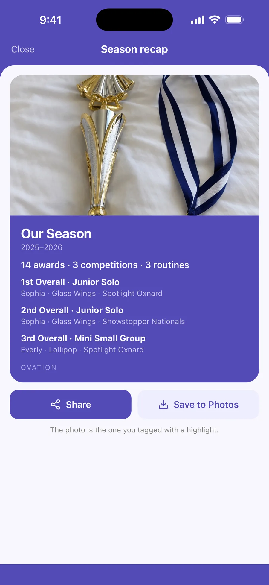 The Season recap card for 2025–2026: a tagged photo of a trophy and medal, 14 awards, 3 competitions and 3 routines, the top results, and Share and Save to Photos.