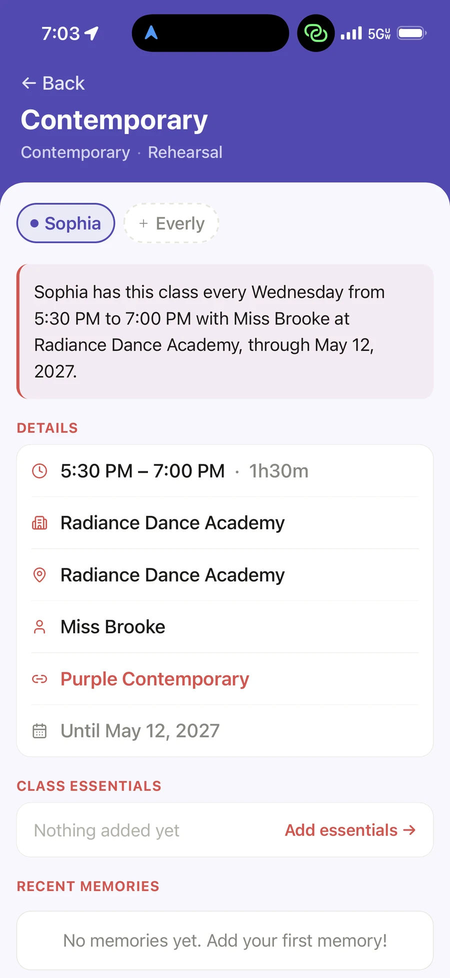 Ovation Contemporary rehearsal details linked directly to the Purple Contemporary routine.
