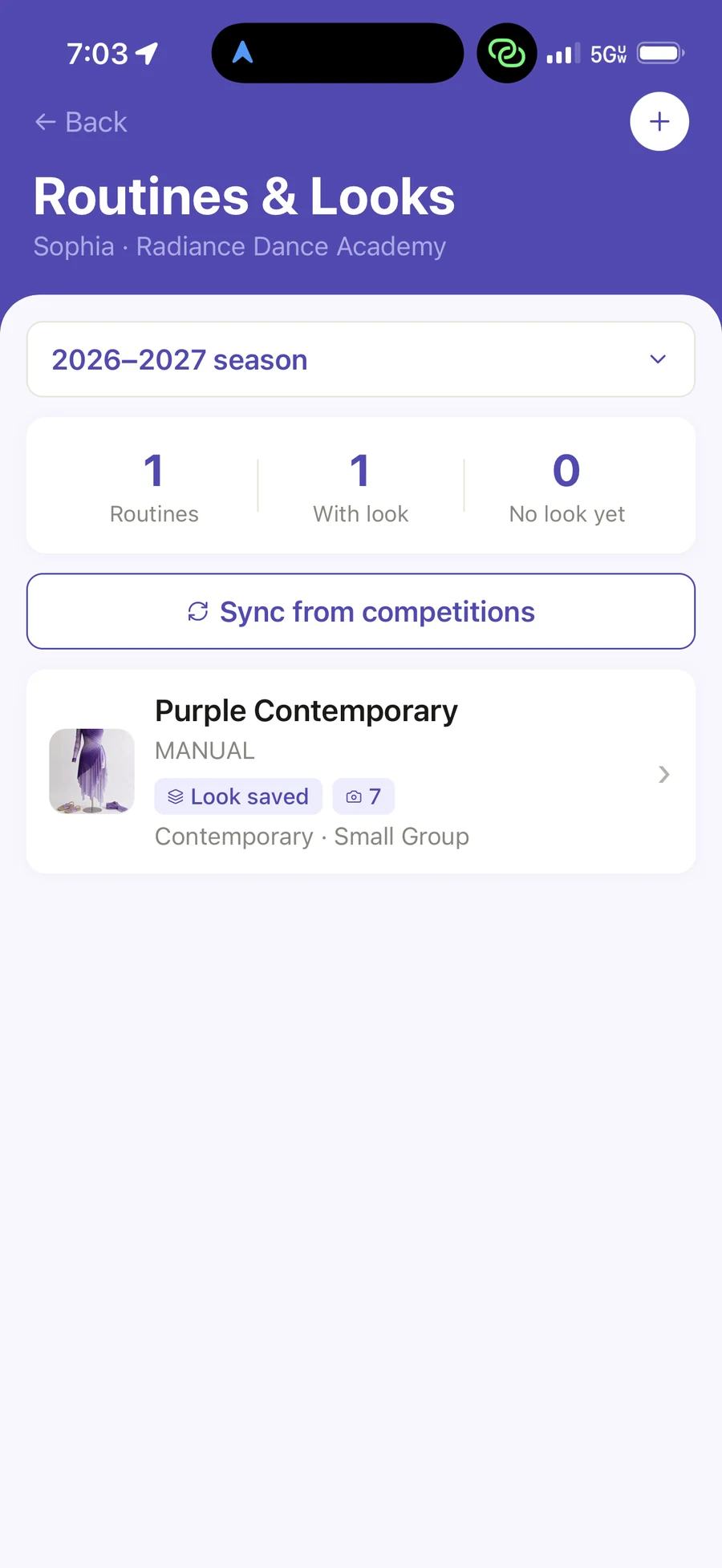 Ovation Routines & Looks list for the 2026–2027 season with a Sync from competitions button above the Purple Contemporary routine.