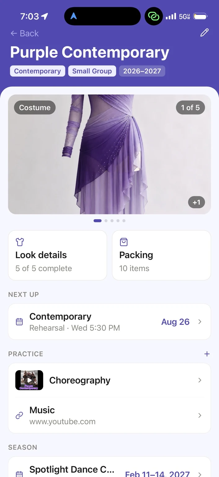 The Purple Contemporary routine hub in Ovation: saved costume look, look details complete, packing, the next Contemporary rehearsal, choreography and music links, and the competition season.