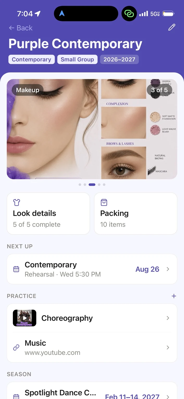 Ovation Purple Contemporary routine showing the saved stage makeup reference.