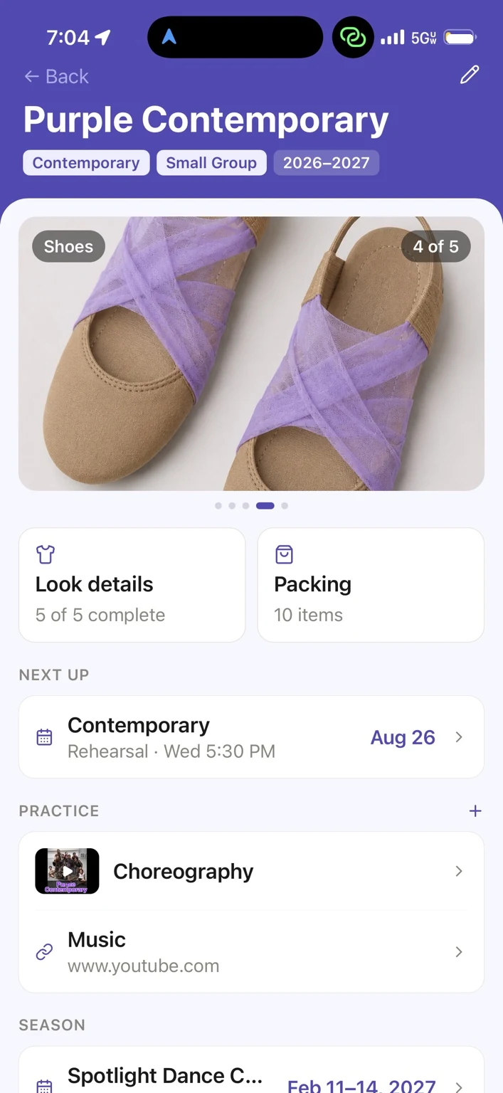 Ovation Purple Contemporary routine showing its saved competition shoes.