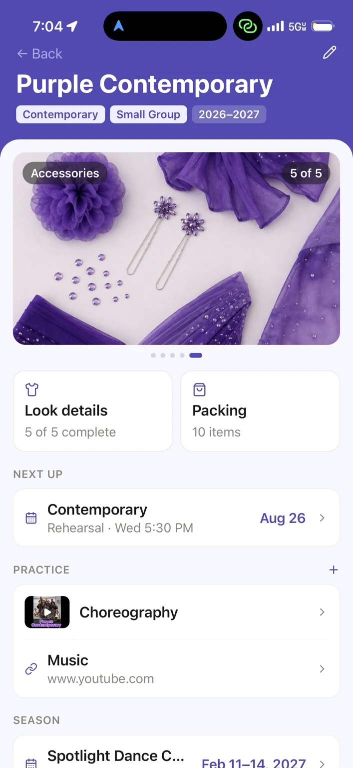 Ovation Purple Contemporary routine showing its saved purple accessories.