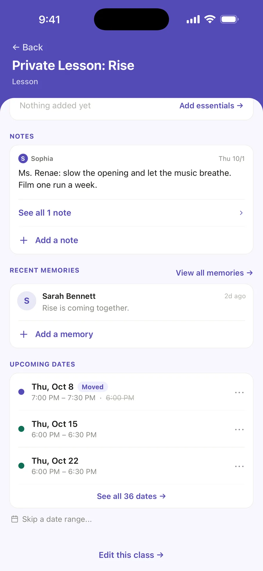 Private Lesson: Rise: a note from Ms. Renae about the opening, a memory, Rise is coming together, and the upcoming dates with Thursday, October 8 moved to 7:00 PM.