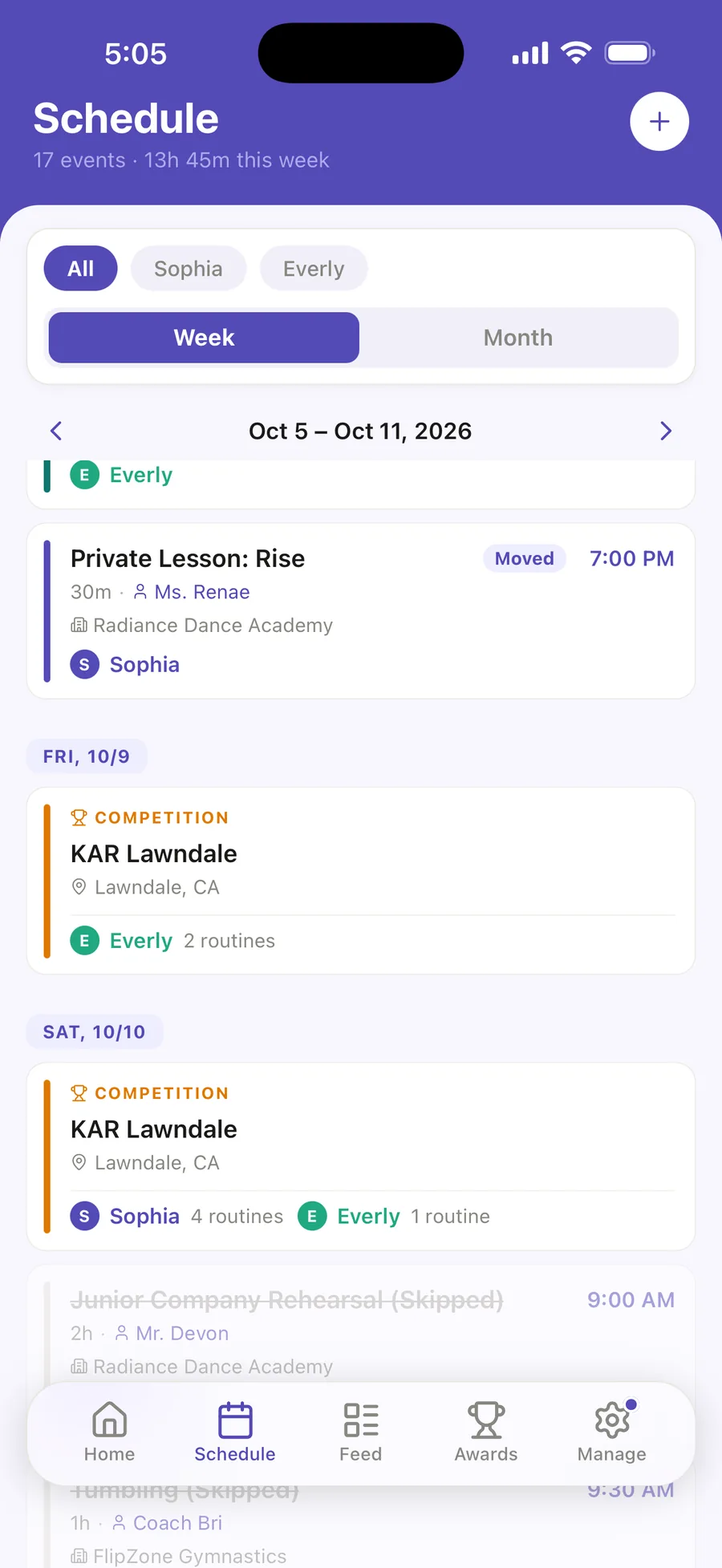 The family’s week of October 5: Private Lesson: Rise moved to 7:00 PM on Thursday, KAR Lawndale on Friday and Saturday, and Saturday’s classes skipped for it.