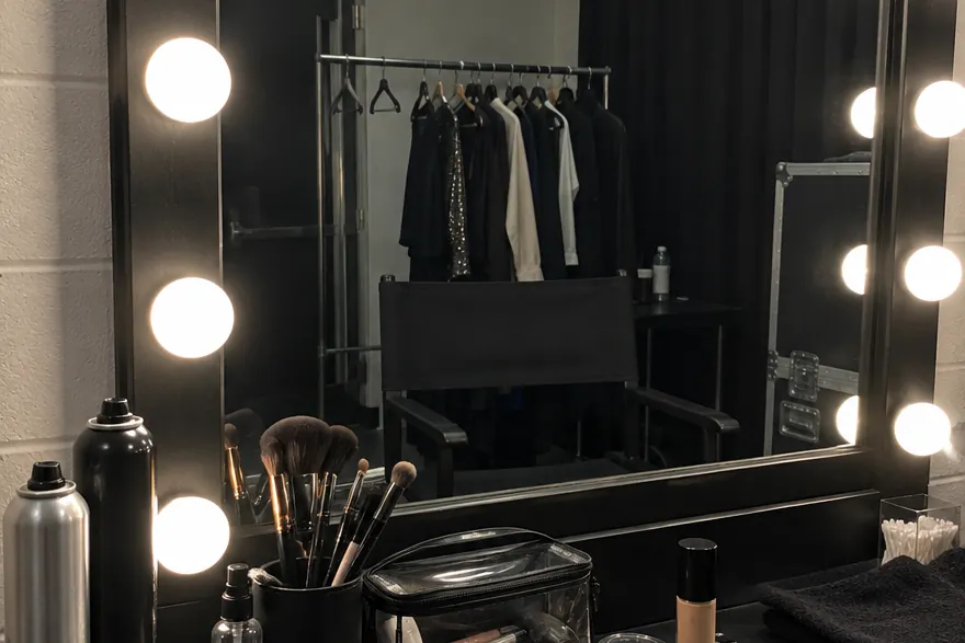 A backstage dressing-room mirror ringed with bulbs, with hairspray, brushes and makeup on the counter and costumes on a rack behind.