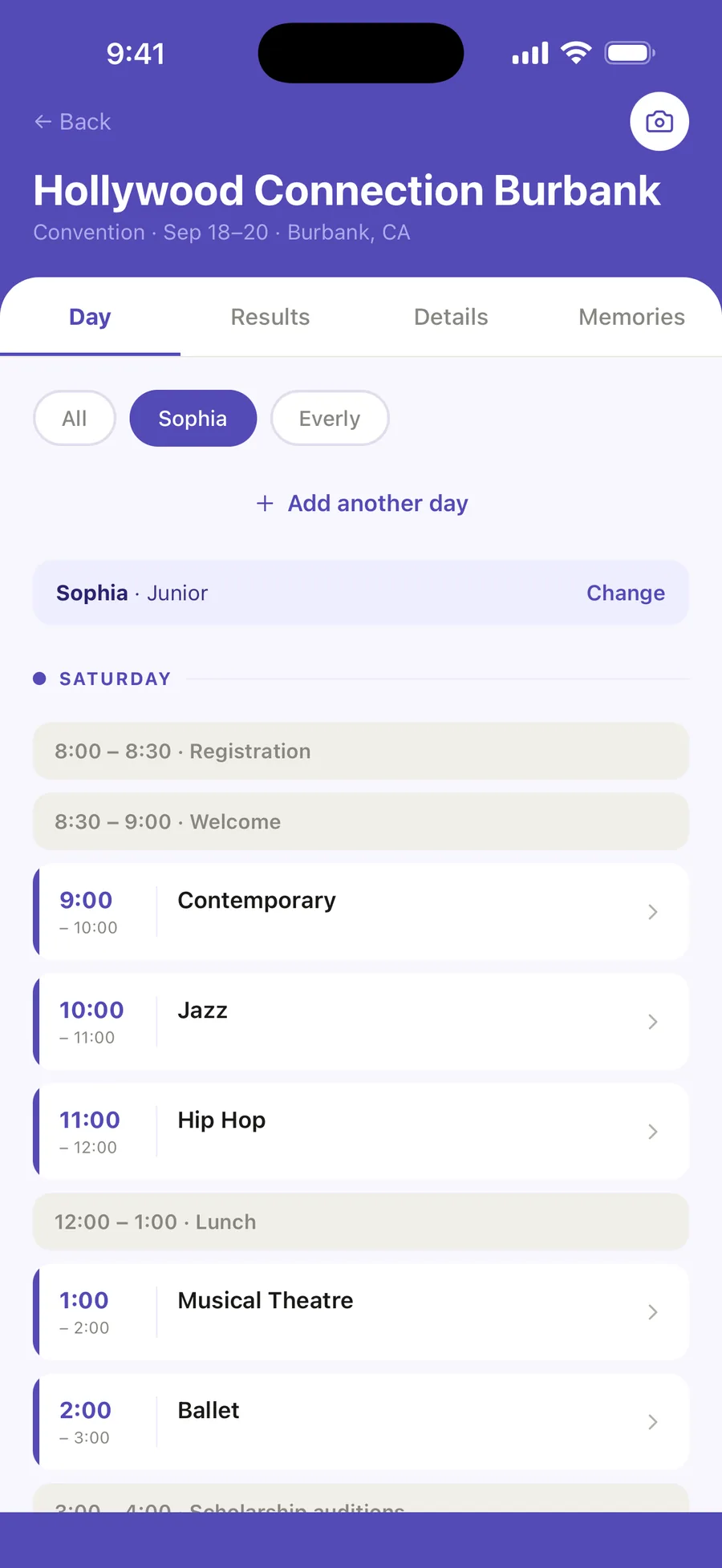 Ovation’s Day tab for a convention weekend, showing Sophia in the Junior group: Saturday’s registration and welcome, then Contemporary, Jazz and Hip Hop, lunch, Musical Theatre and Ballet, in time order.
