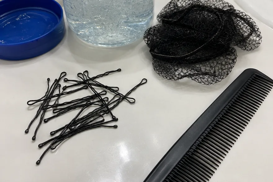 Bobby pins, a hair net, an open tub of gel and a comb on a white counter.
