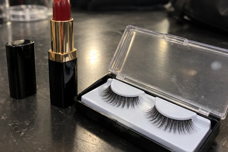 A red lipstick and a pair of false lashes in their case on a dark dressing table, with makeup brushes behind.