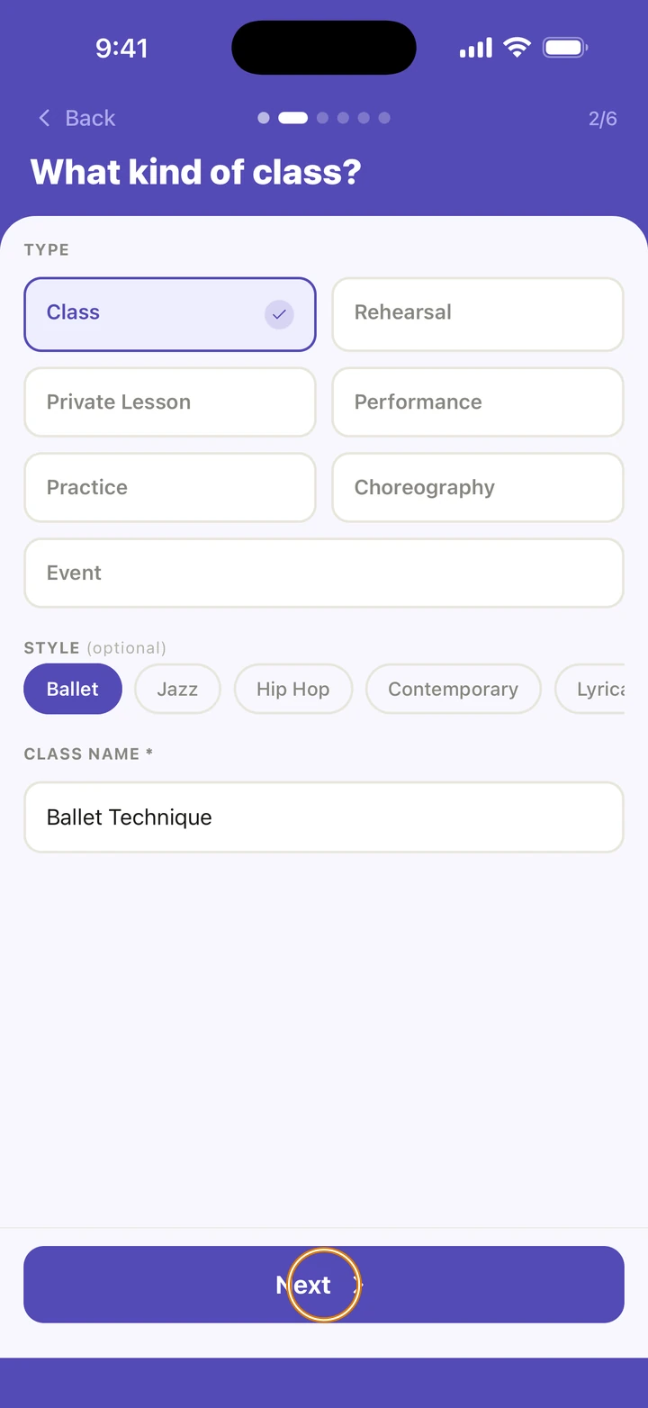 Step 2 of 6, What kind of class?, with the type Class, the style Ballet and the class name Ballet Technique, and Next circled.