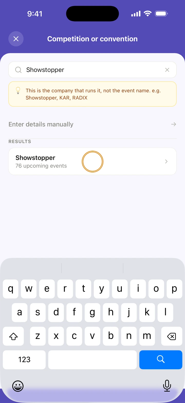 The company search with Showstopper typed, and Showstopper, 76 upcoming events, circled under RESULTS.