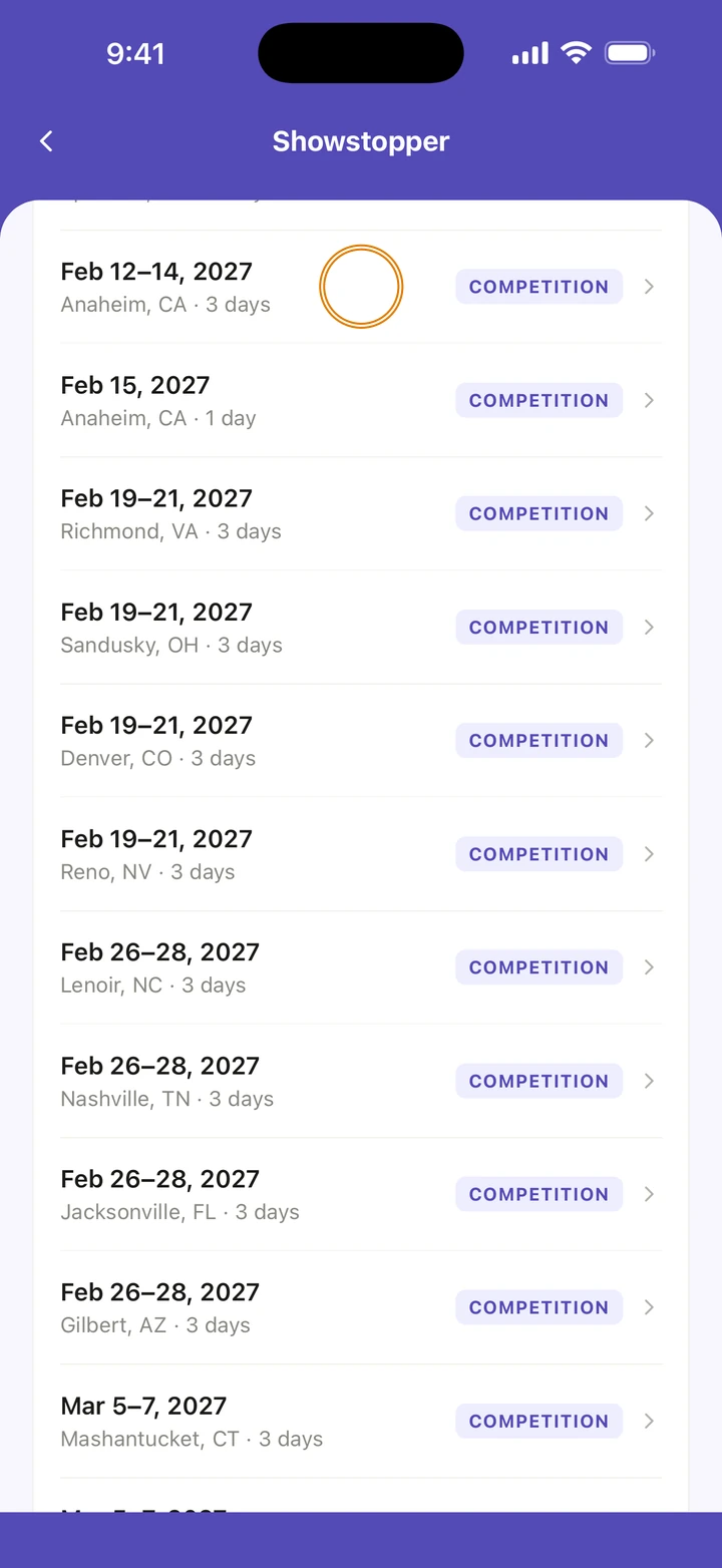 Showstopper's upcoming events listed by date and city, with Feb 12–14, 2027 in Anaheim, CA circled at the top.