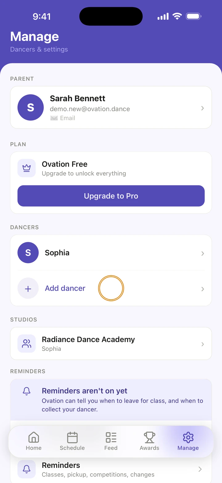Manage with Sophia under DANCERS, and Add dancer below her circled.