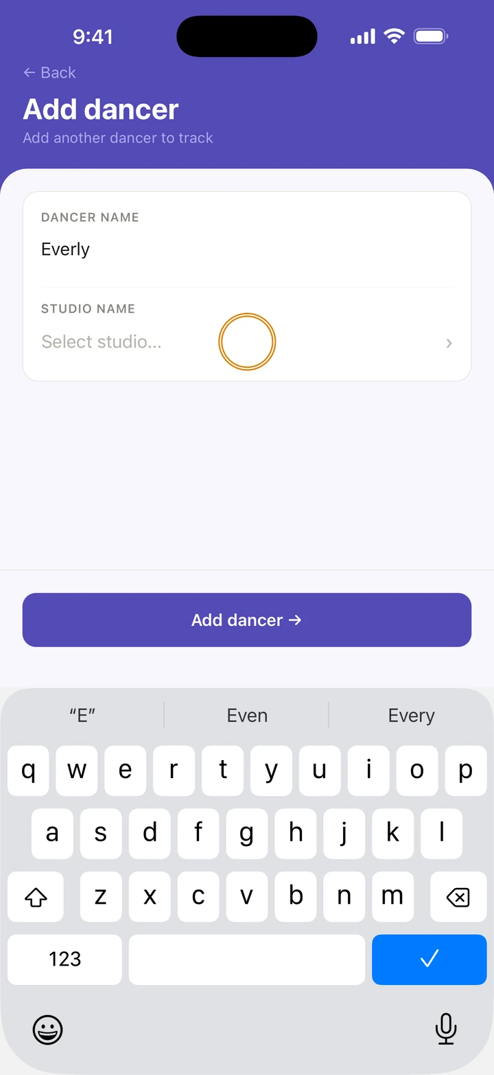 Add dancer with Everly as the DANCER NAME, and Select studio... under STUDIO NAME circled.