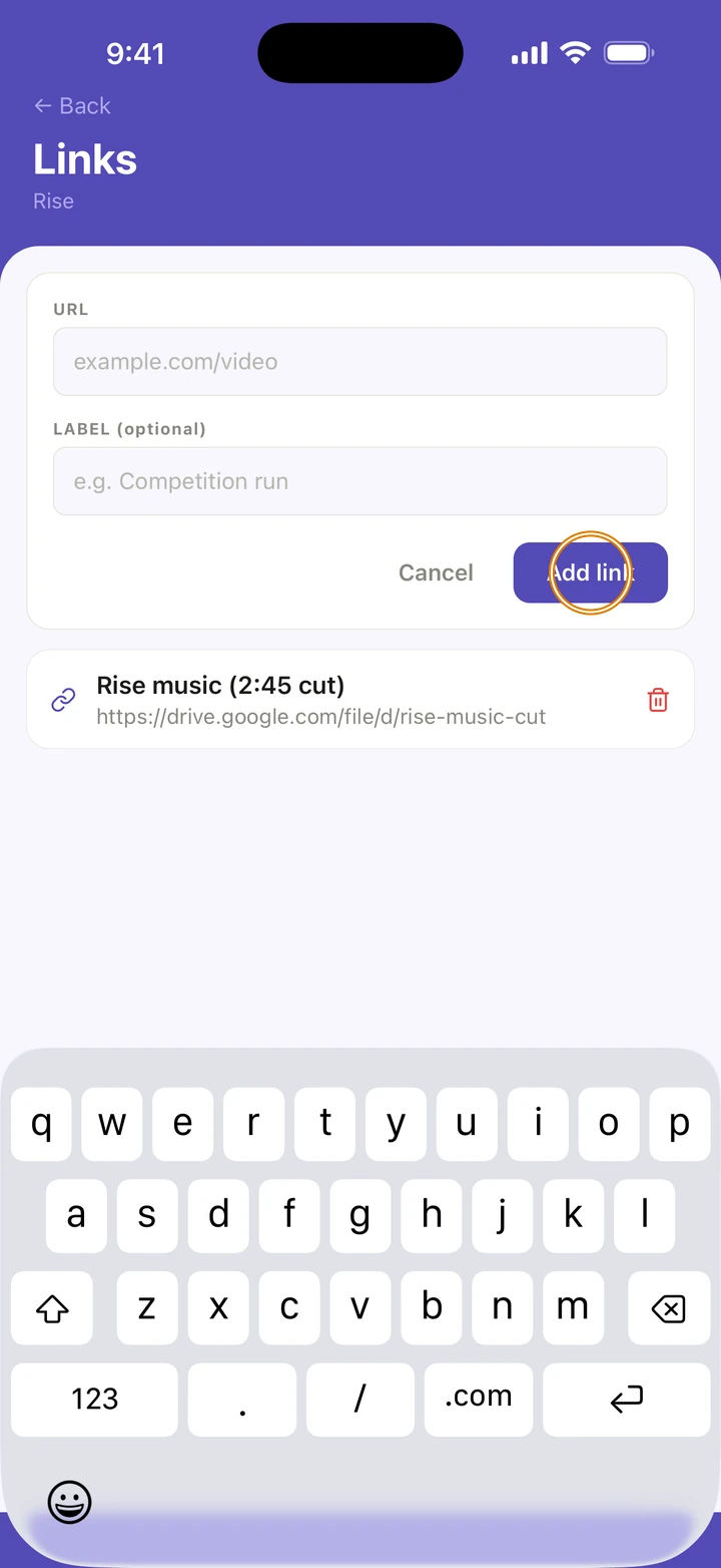 The Links screen for Rise with the URL and LABEL (optional) fields and Add link circled, above the saved link Rise music (2:45 cut).