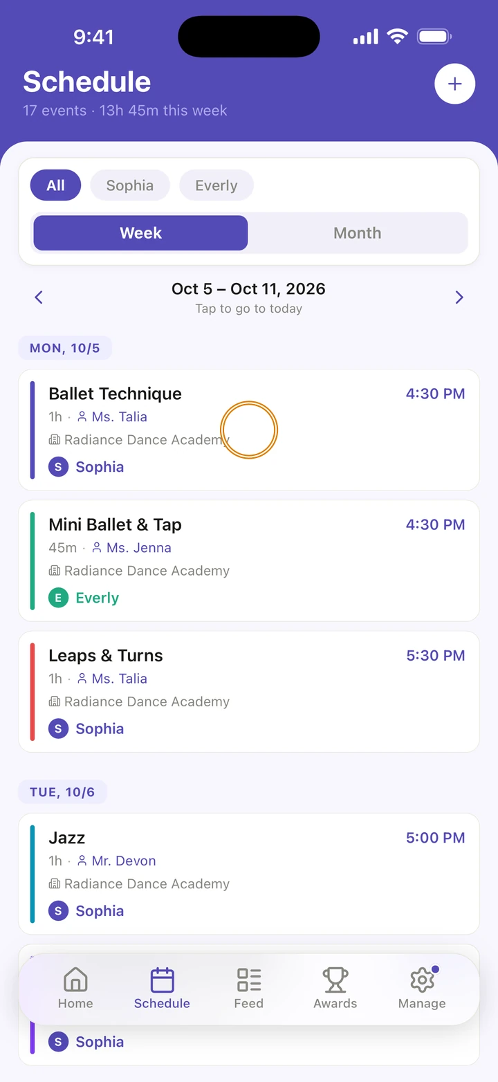 The Schedule tab's week, with Monday's Ballet Technique class for Sophia circled.