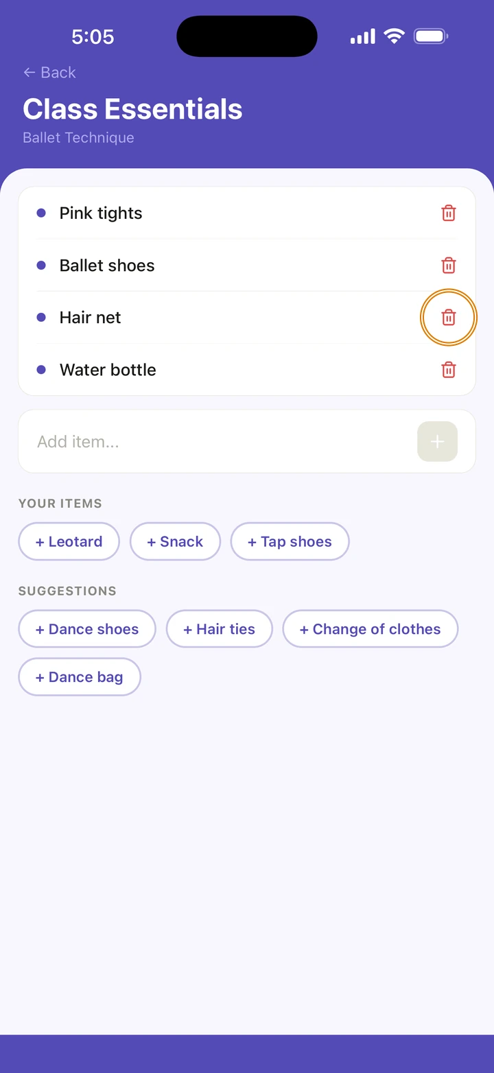 Class Essentials for Ballet Technique with four items, each with a bin, the bin next to Hair net circled, and YOUR ITEMS and SUGGESTIONS below the Add item field.