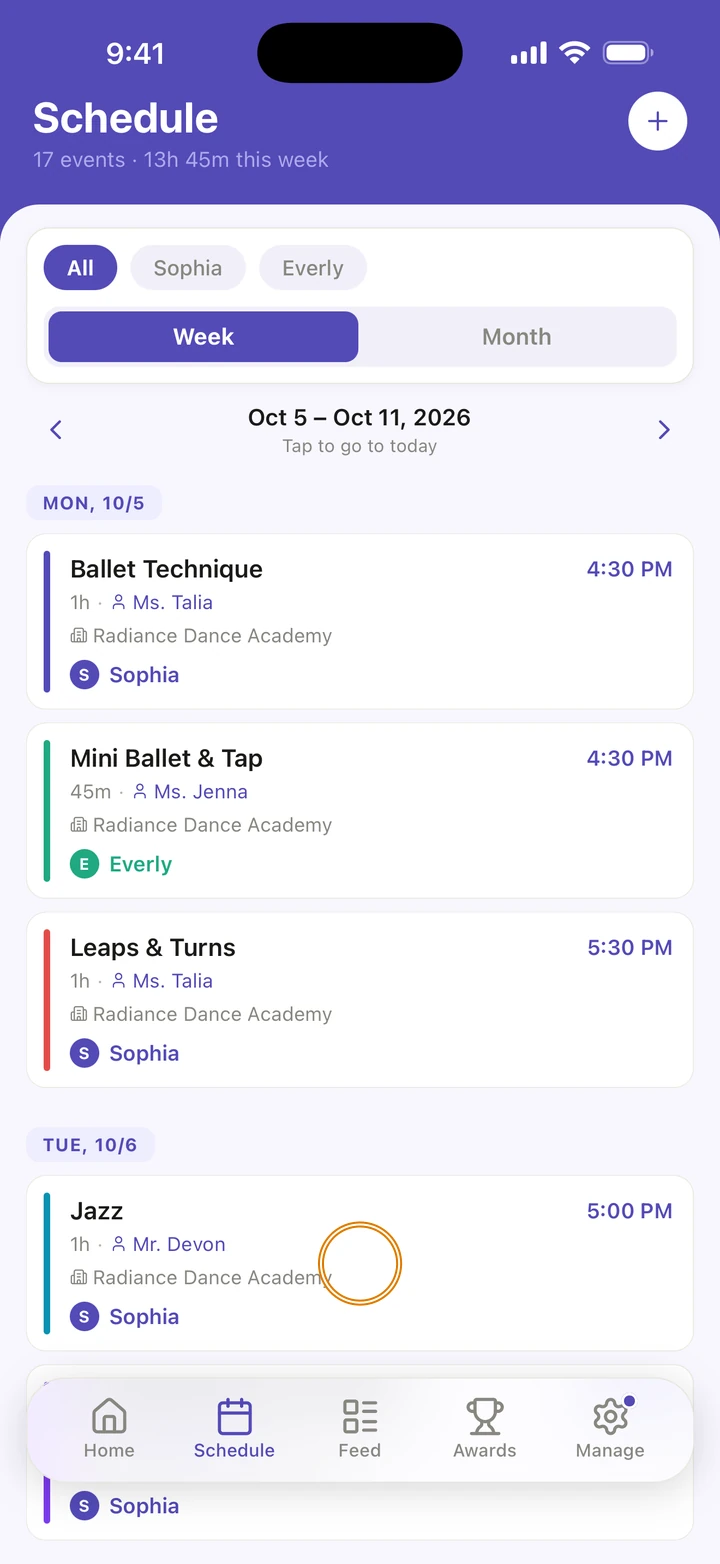 The Schedule tab's week, with Tuesday's Jazz class for Sophia circled.
