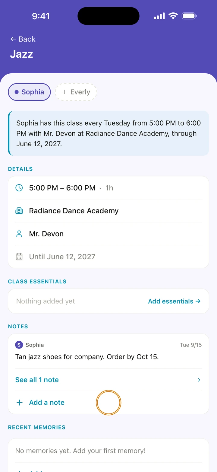 The Jazz class page at NOTES, showing the latest note, with Add a note circled.