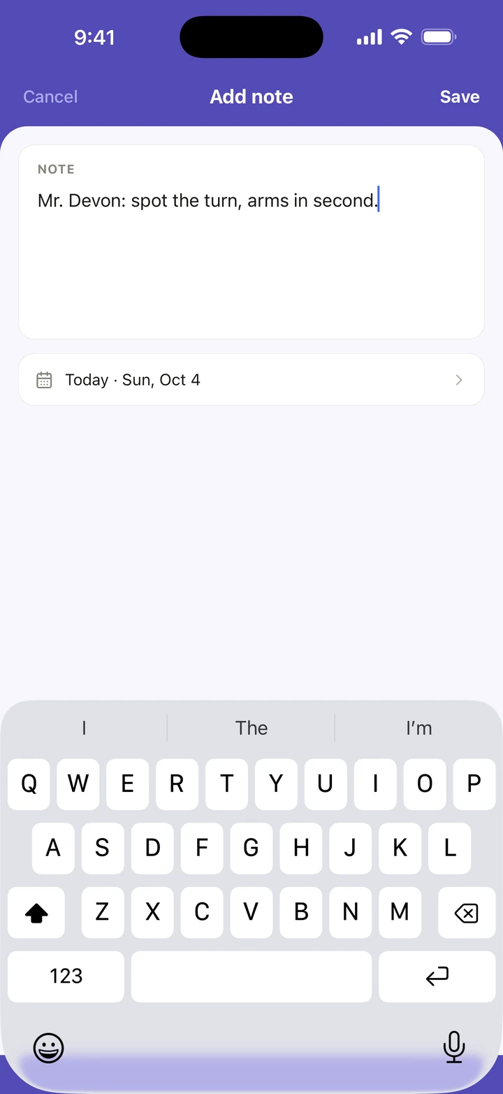 Add note with a new note typed and the keyboard open, dated Today, Sun, Oct 4.