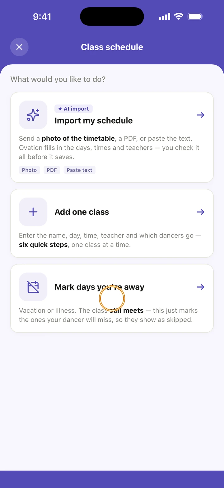 The Class schedule screen with Mark days you're away circled, below Import my schedule and Add one class.