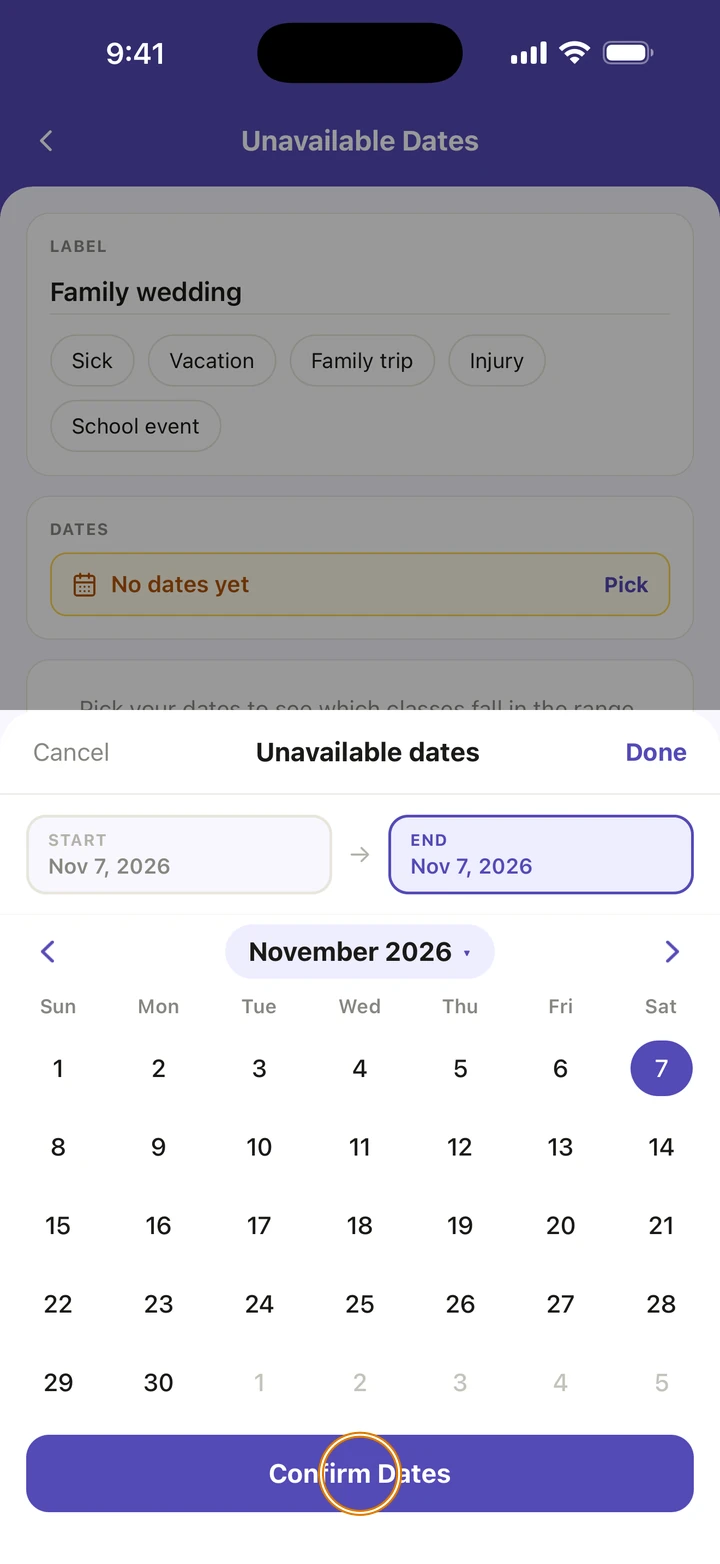 The Unavailable dates calendar for November 2026, with Saturday, Nov 7 as both the start and the end, and Confirm Dates circled.