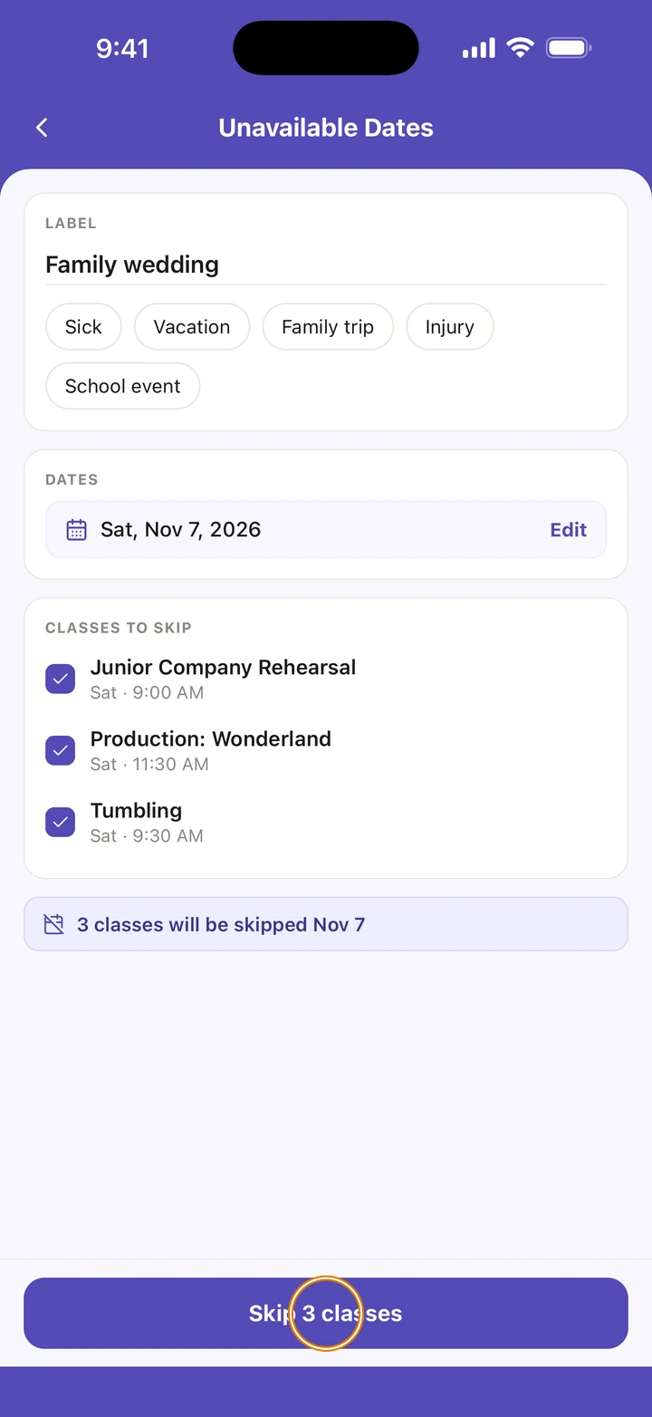 The same screen saying 3 classes will be skipped Nov 7, with the button Skip 3 classes circled.