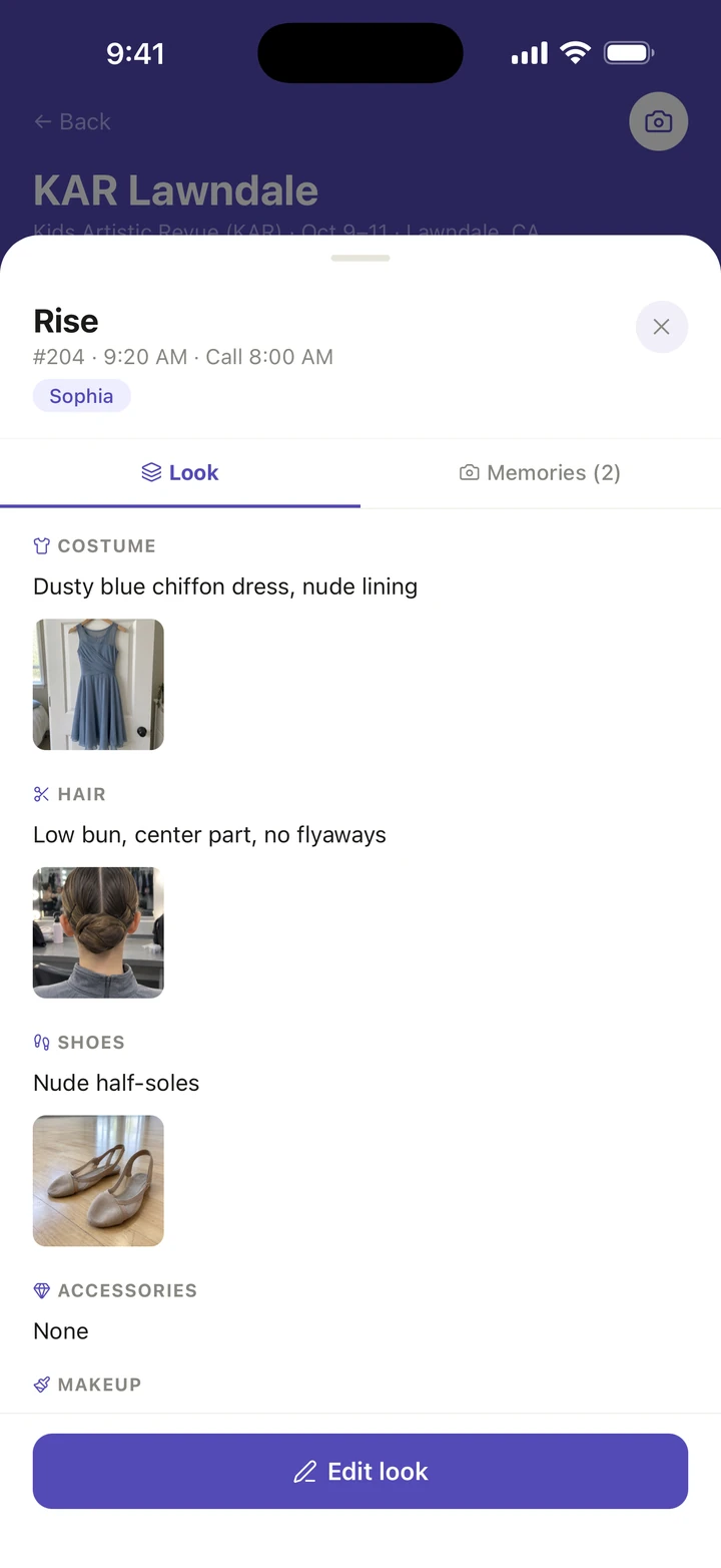The routine sheet for Rise, open on Look, with the costume, hair and shoes each described with a photo, and a Memories tab beside it.