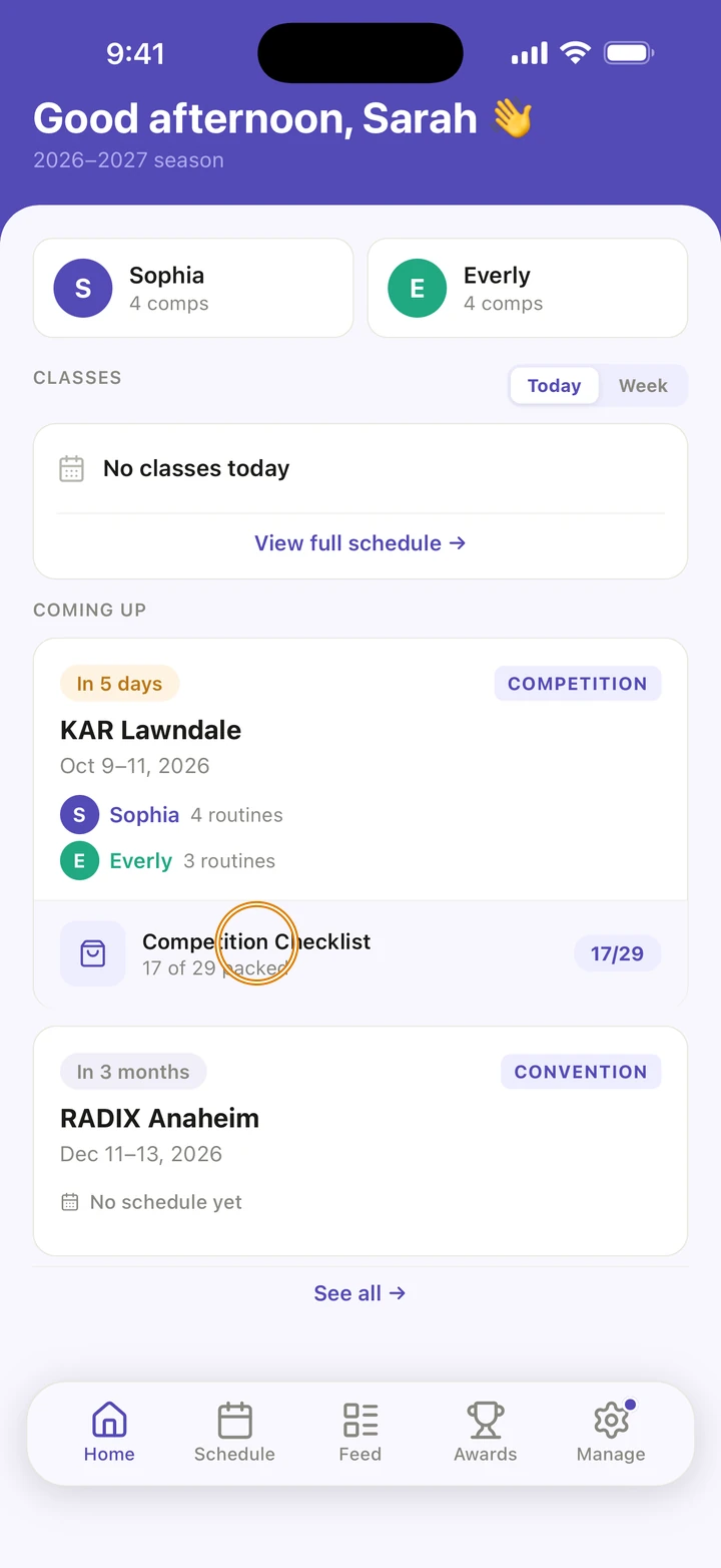 Home, with the KAR Lawndale card under COMING UP and its Competition Checklist, 17 of 29 packed, circled.