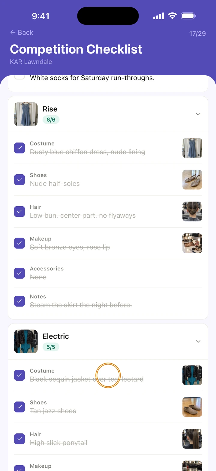 The Competition Checklist for KAR Lawndale, with the Rise and Electric cards and each look item ticked, and an Electric item circled.