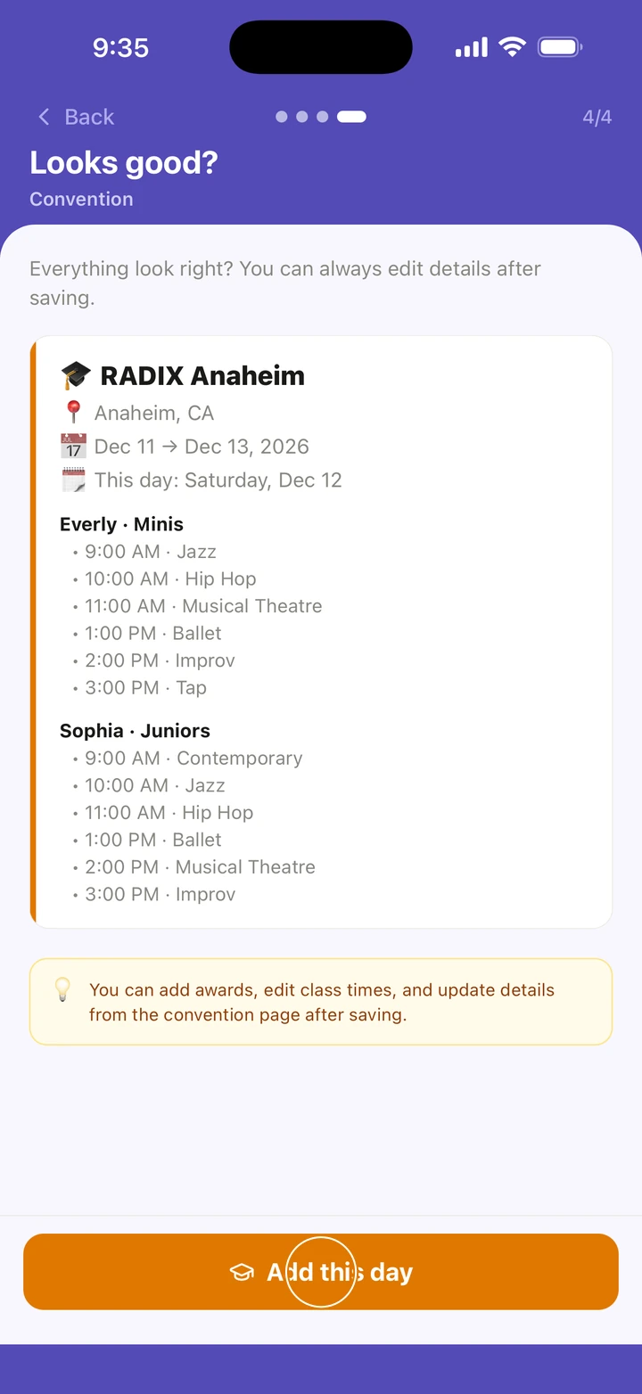 Looks good? for RADIX Anaheim, Saturday, Dec 12, listing Everly's Minis classes and Sophia's Juniors classes, with Add this day circled.