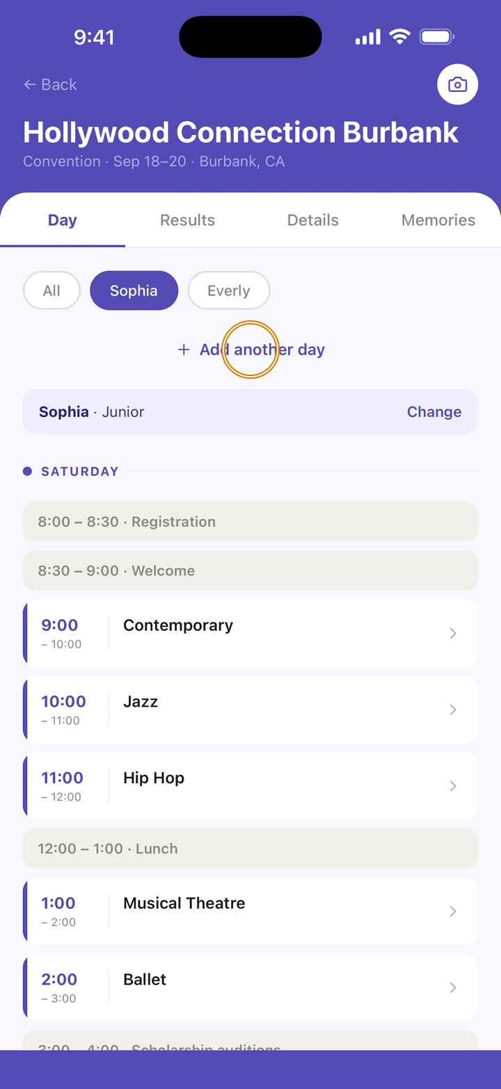 The Hollywood Connection Burbank Day tab for Sophia, Junior, with Saturday's classes and lunch in time order, and Add another day circled.