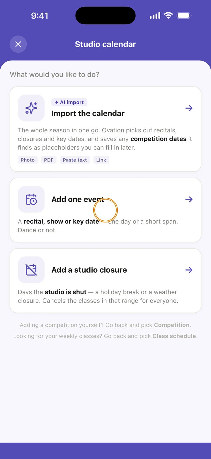The Studio calendar screen with Import the calendar, Add one event and Add a studio closure, with Add one event circled.