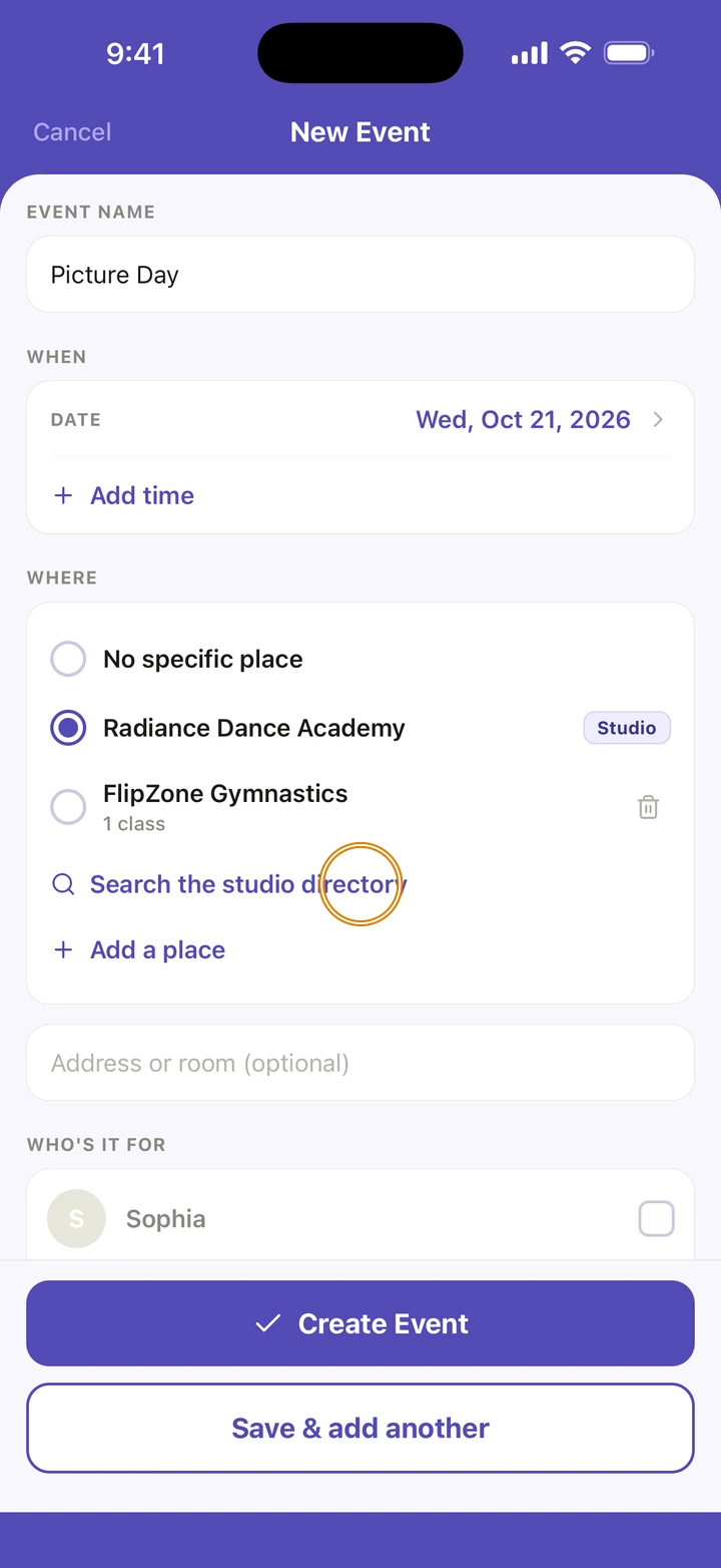 New Event with Radiance Dance Academy chosen under WHERE, and Search the studio directory circled.