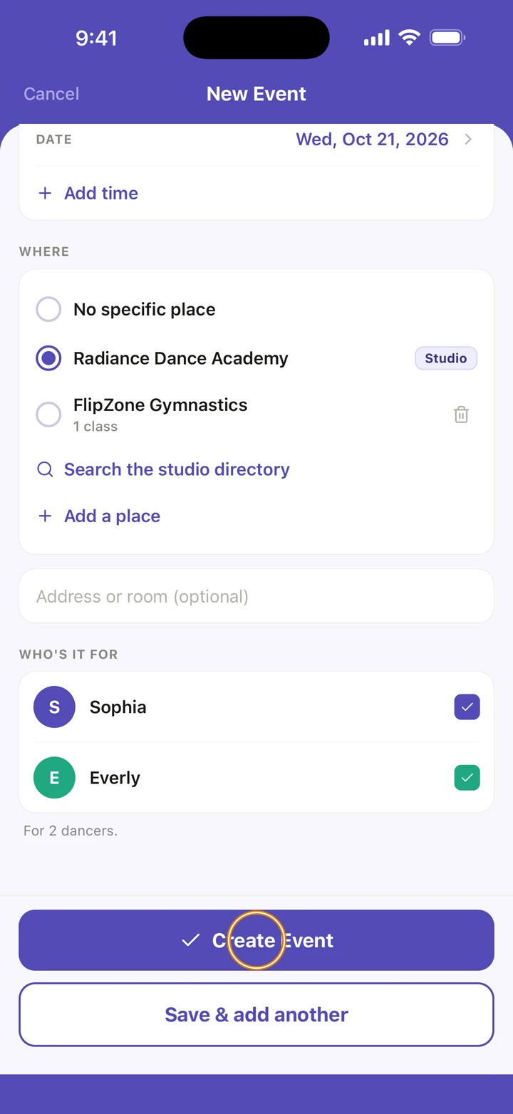 The filled-in New Event, with Create Event circled above Save & add another.