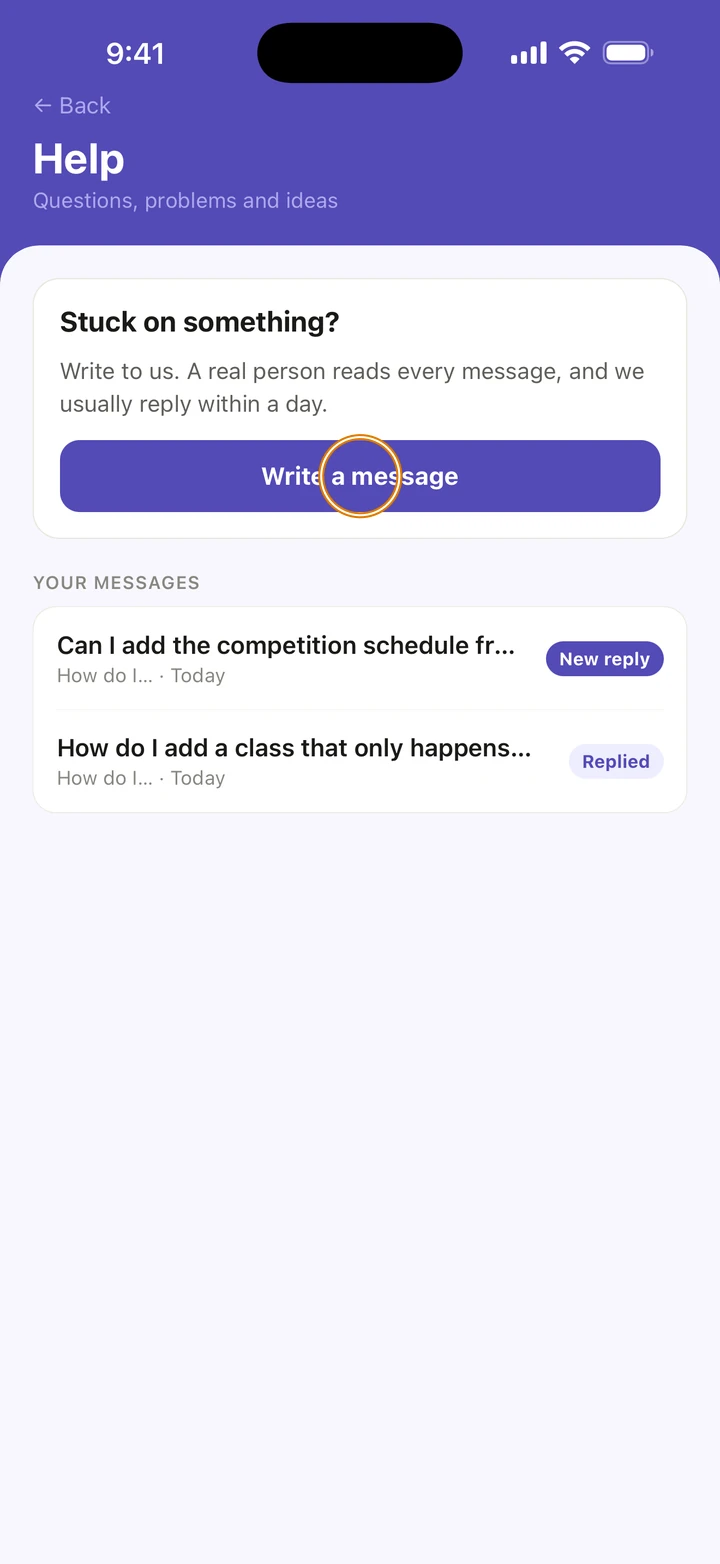 The Help screen, Stuck on something?, with Write a message circled above YOUR MESSAGES, one of them with a new reply.