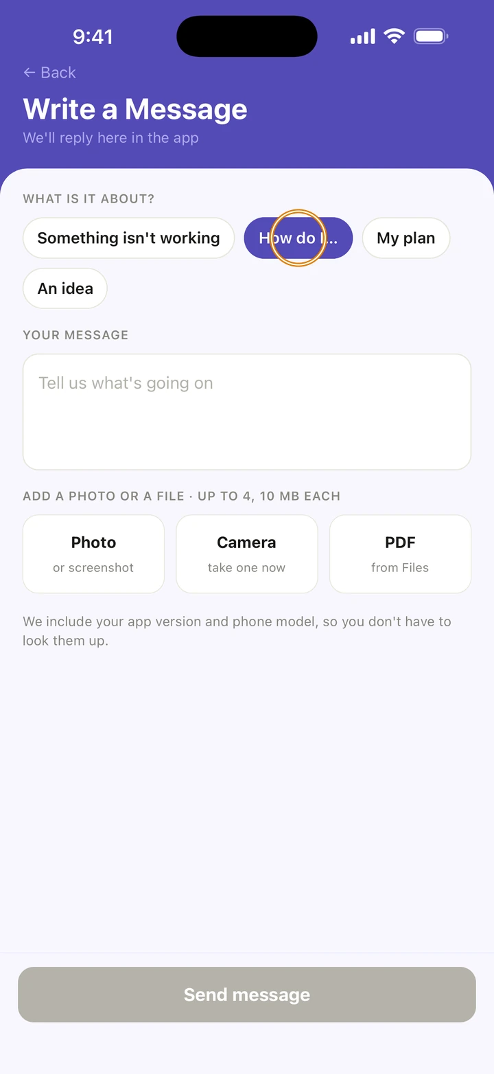 Write a Message with the choices Something isn't working, How do I…, My plan and An idea, and How do I… circled.