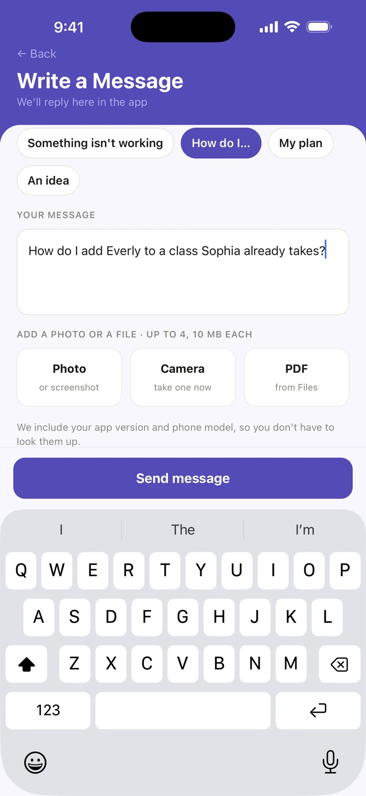 Write a Message with How do I… selected and a question typed under YOUR MESSAGE.