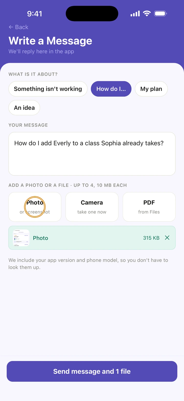 Write a Message with a photo attached under ADD A PHOTO OR A FILE, and Photo circled.