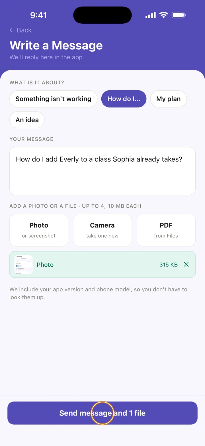 Write a Message ready to send, with the button Send message and 1 file circled.