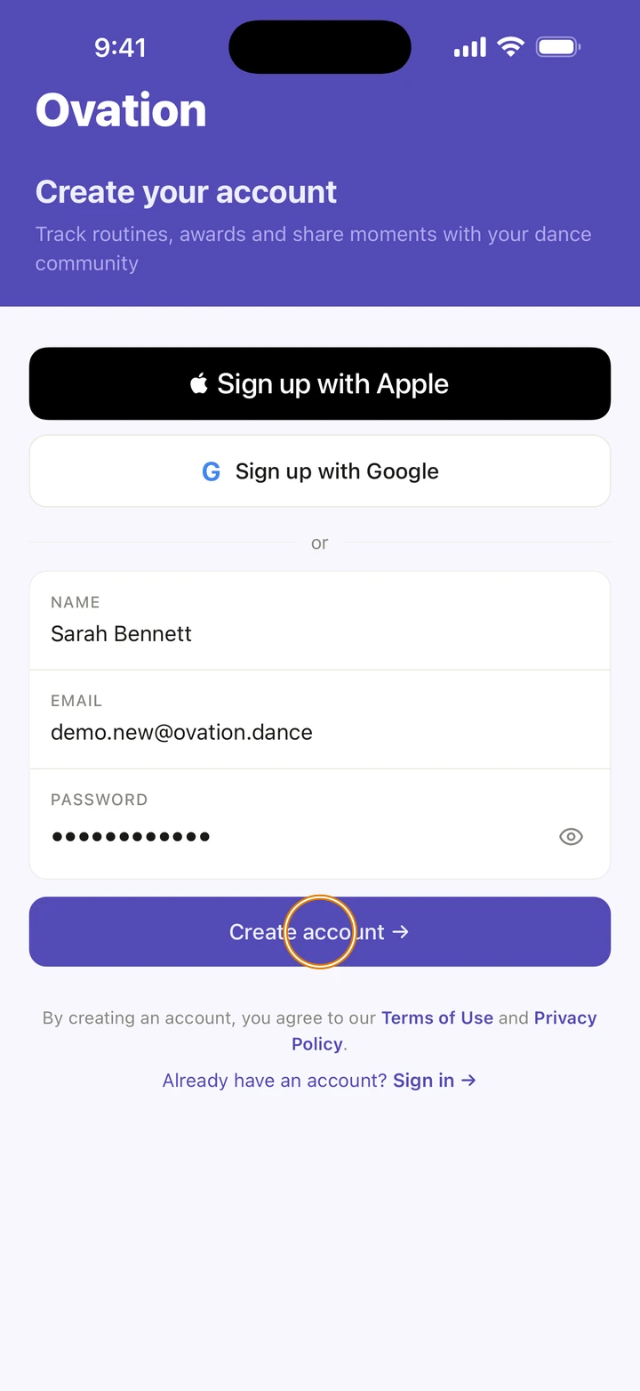 Create your account, with Sign up with Apple and Sign up with Google above NAME, EMAIL and PASSWORD filled in for Sarah Bennett, and Create account circled.
