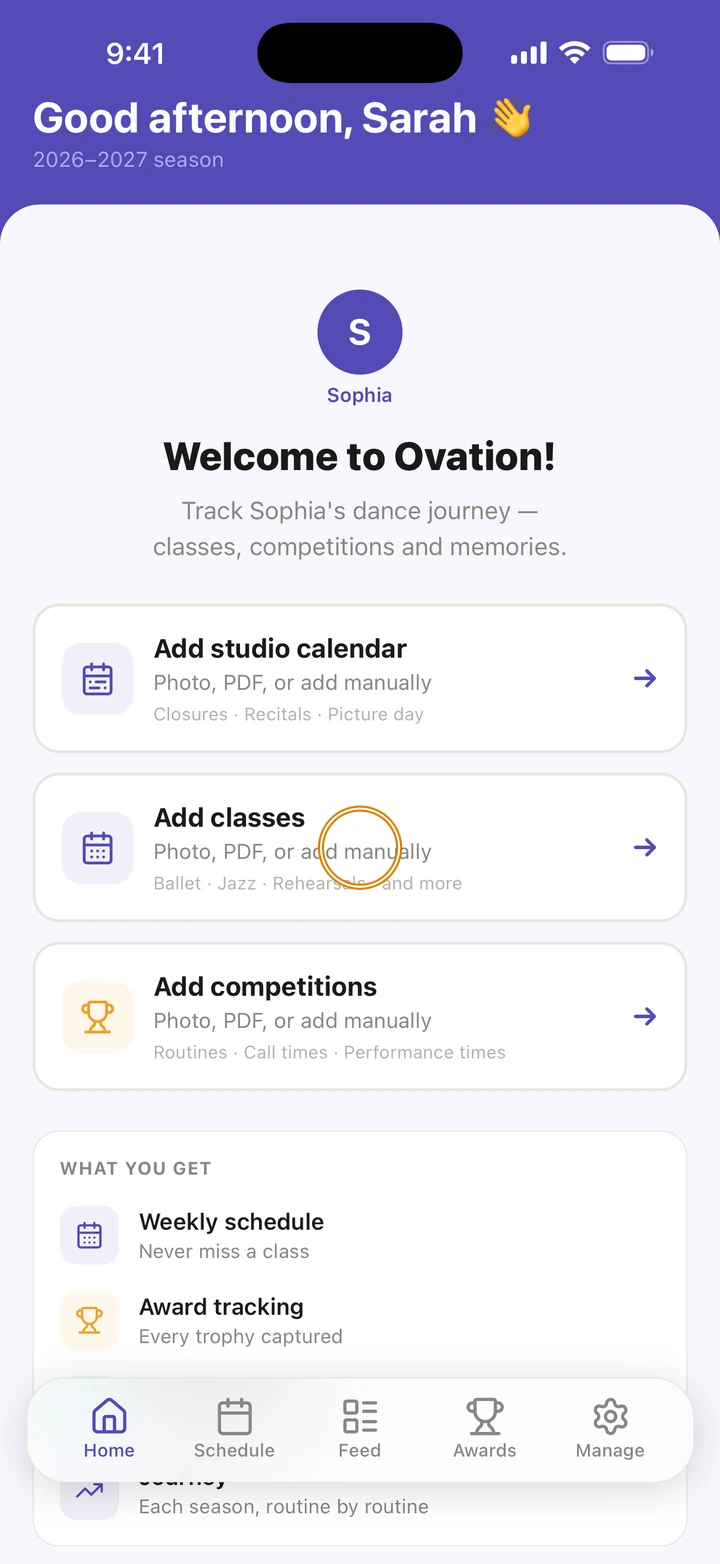 Home on day one, Welcome to Ovation!, with the cards Add studio calendar, Add classes and Add competitions, and Add classes circled.