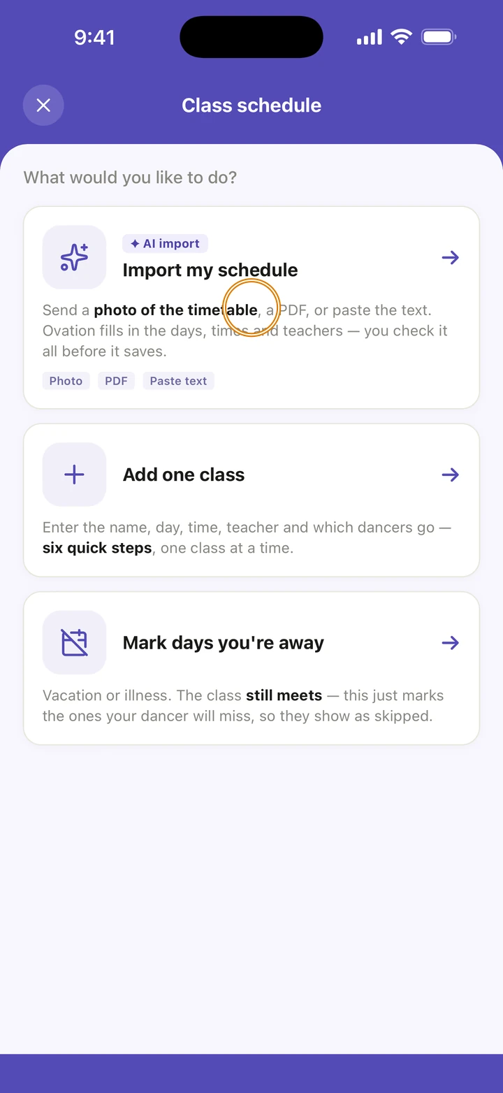 The Class schedule screen with Import my schedule, marked AI import, circled above Add one class and Mark days you're away.